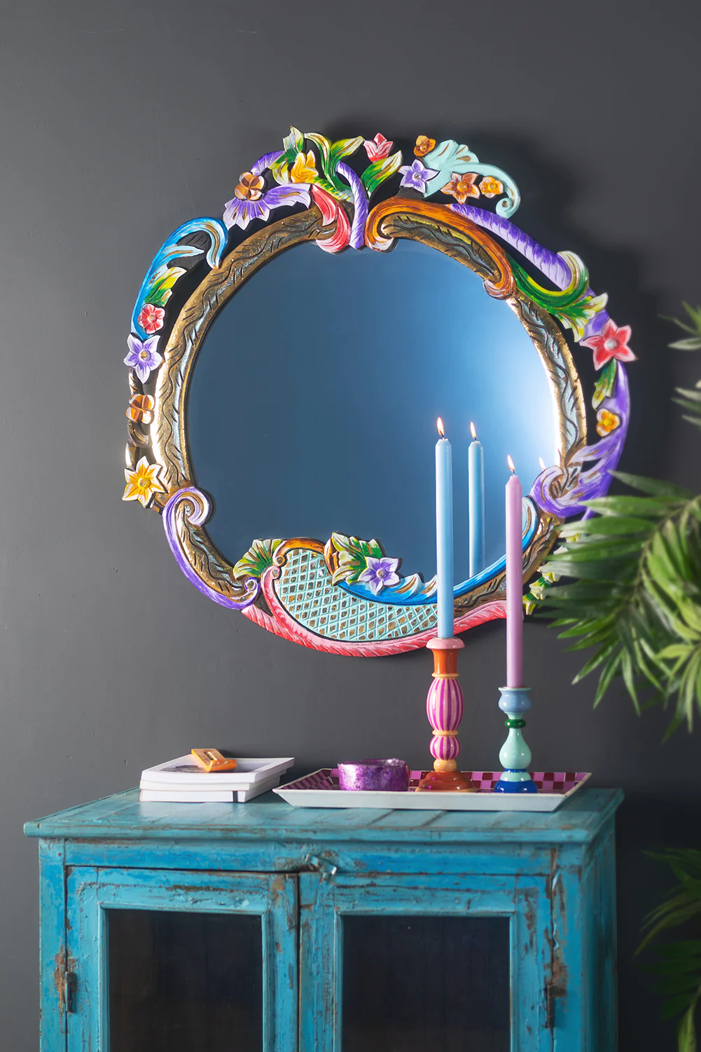 Abstract Round Carved Wooden Mirror - Image 7