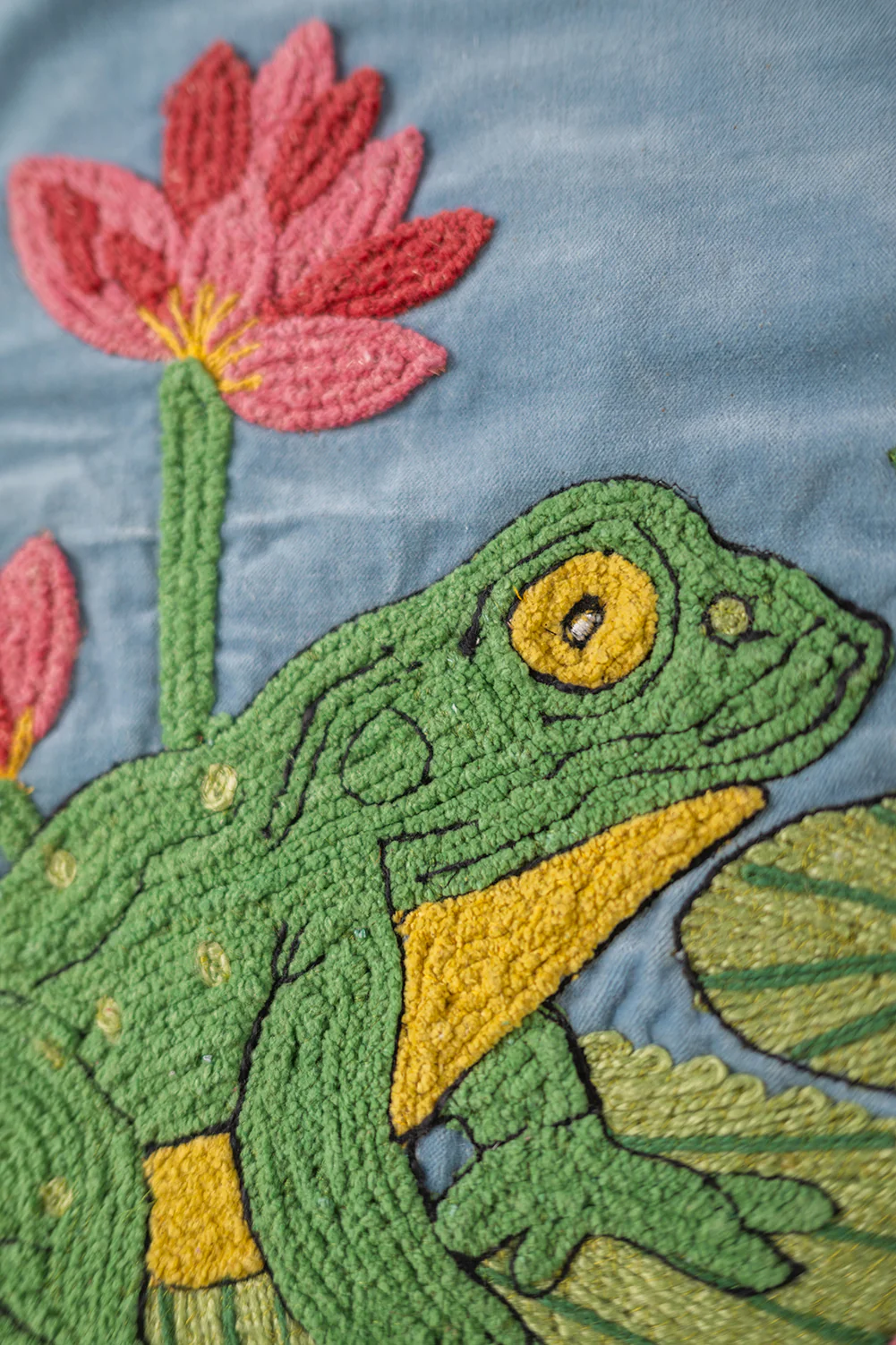 Blue Embroidered Frog Velvet Cushion Cover - Image 3