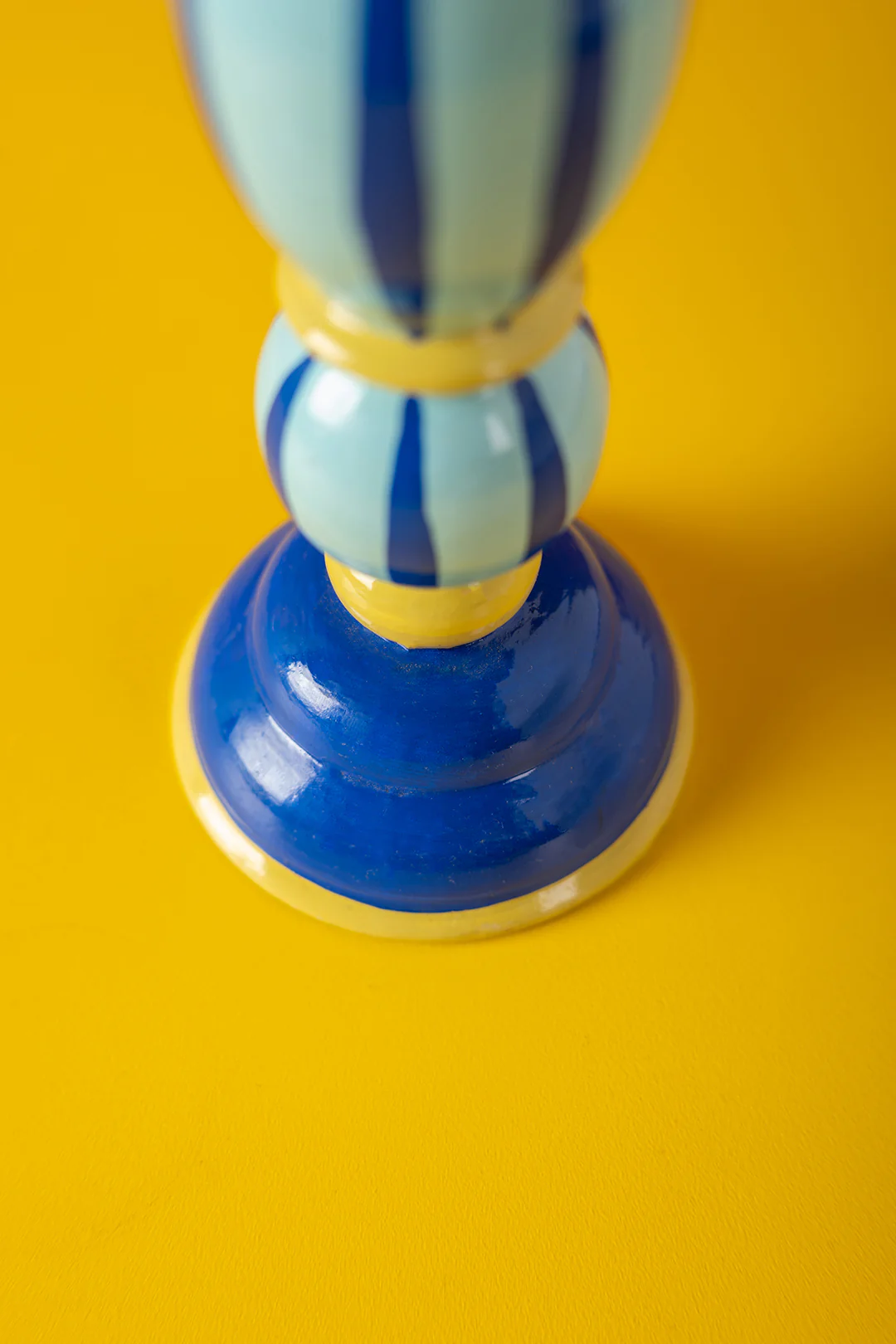 Blue Stripe Hand Painted Wooden Candle Holder - Image 4