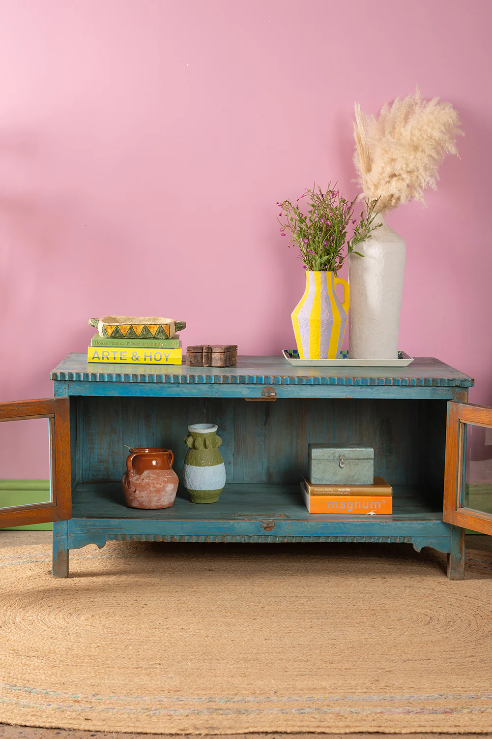 Blue Vintage Low Cabinet <p>W:125cm D:58.5cm H:61cm </p> - Image 3