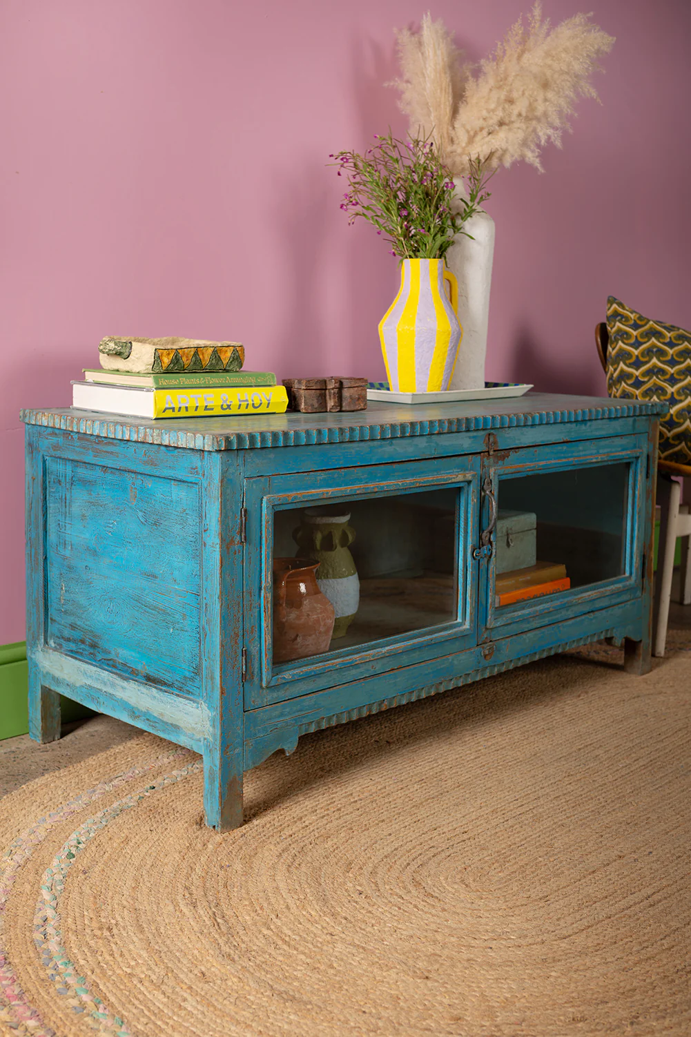 Blue Vintage Low Cabinet <p>W:125cm D:58.5cm H:61cm </p> - Image 5