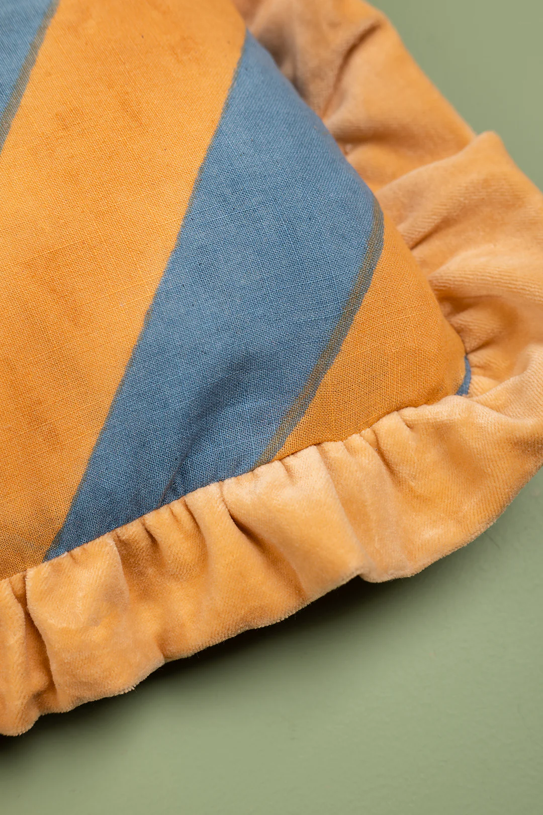 Blue & Yellow Block Print Cotton & Velvet Cushion Cover - Image 3