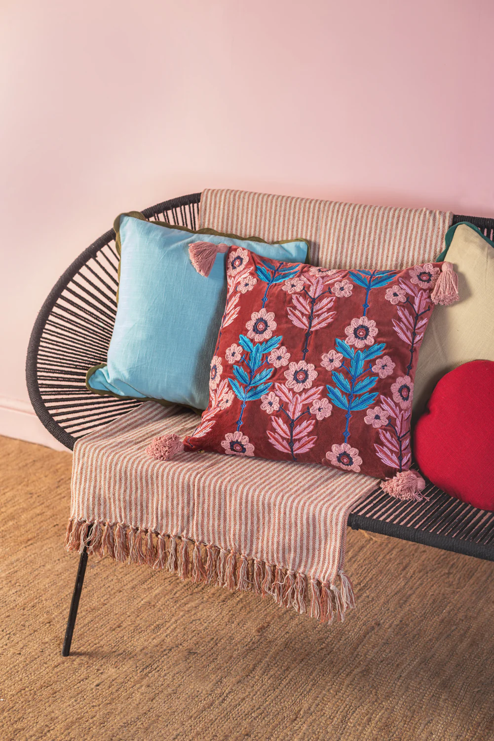 Burgundy Velvet Flower Embroidered Cushion Cover - Image 3