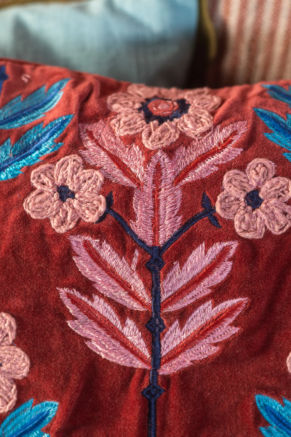 Burgundy Velvet Flower Embroidered Cushion Cover - Image 4