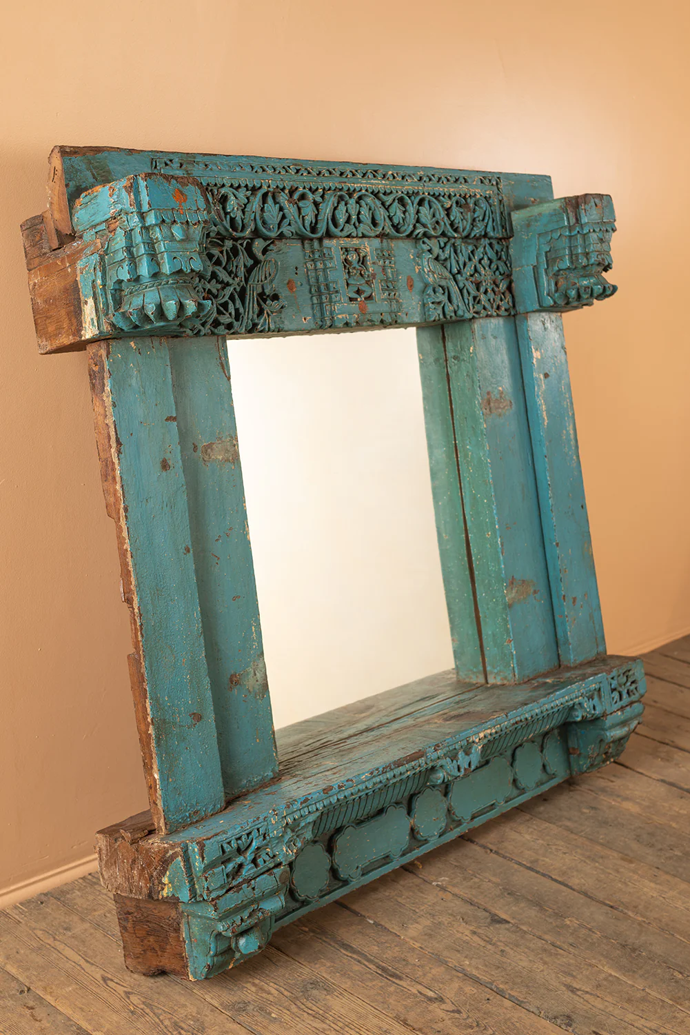 Carved Vintage Blue Wall Mirror <p>W:110.5cm D:25cm H:109cm </p> - Image 6