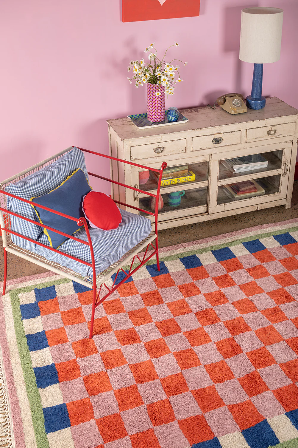 Lizzie Pink & Red Chequered Recycled Cotton Extra Large Rug - Image 4