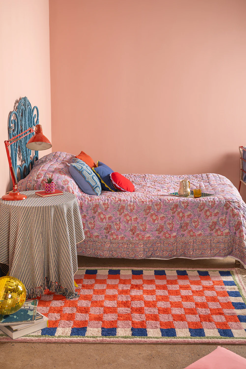 Lizzie Pink & Red Chequered Recycled Cotton Medium Rug - Image 5