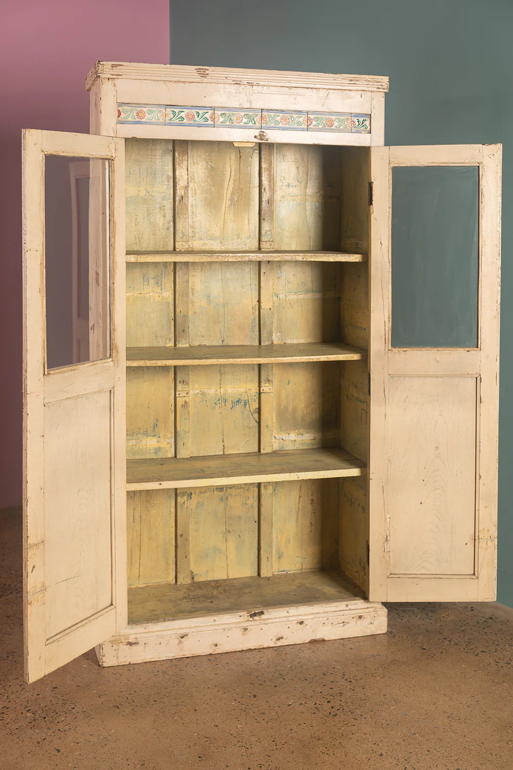 Cream Vintage Almirah with Tiles <p>W:97cm D:35.5cm H:186cm </p> - Image 5