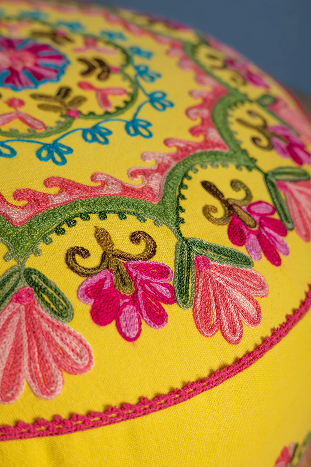 Floral on Yellow Embroidered Pouffe - Image 4