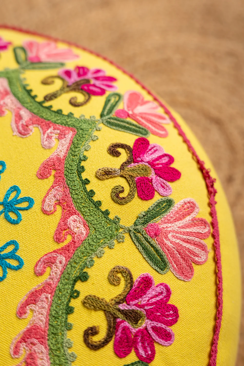 Floral on Yellow Embroidered Pouffe - Image 7