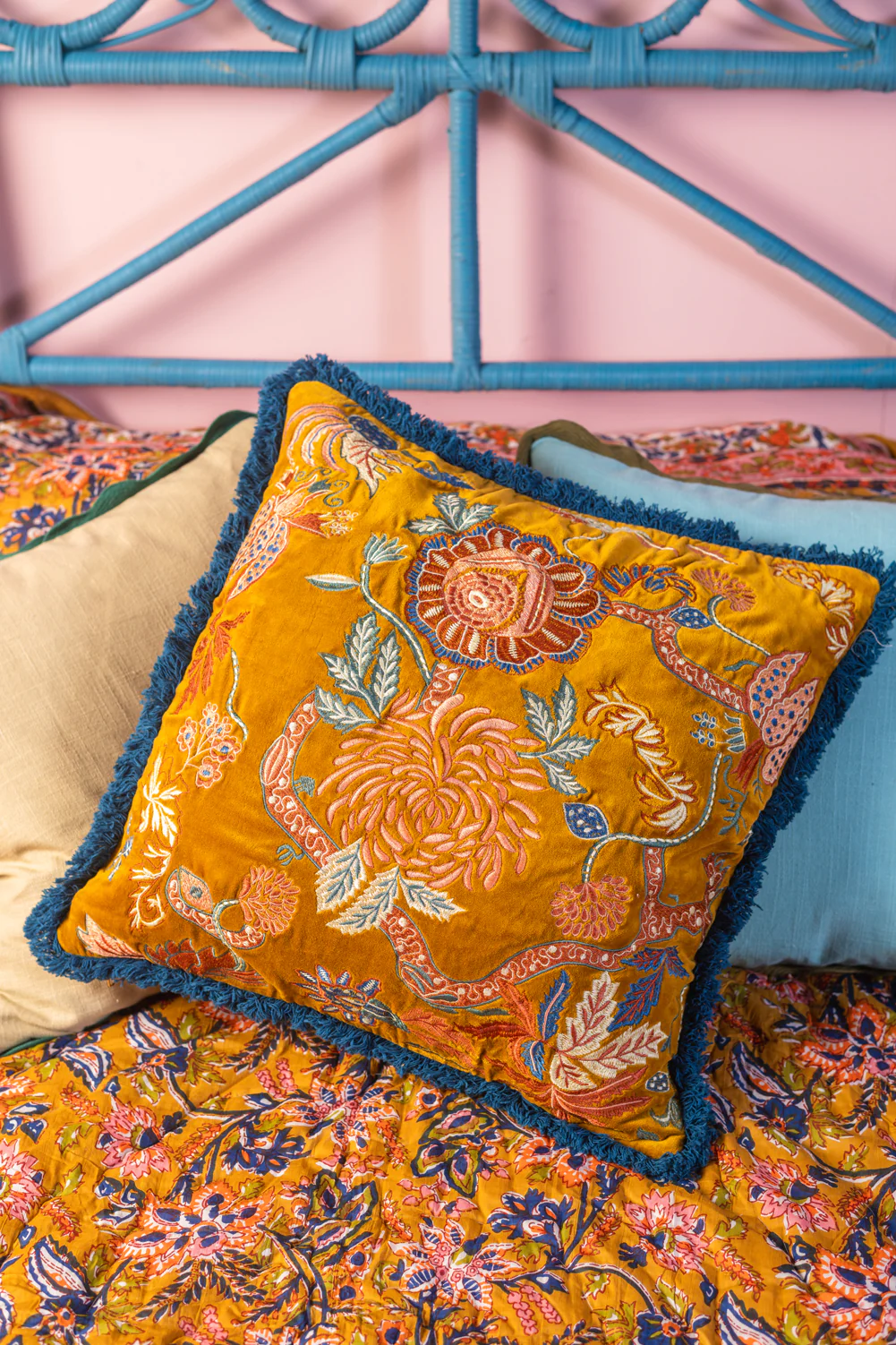 Gold Velvet Floral Embroidered Cushion Cover - Image 4