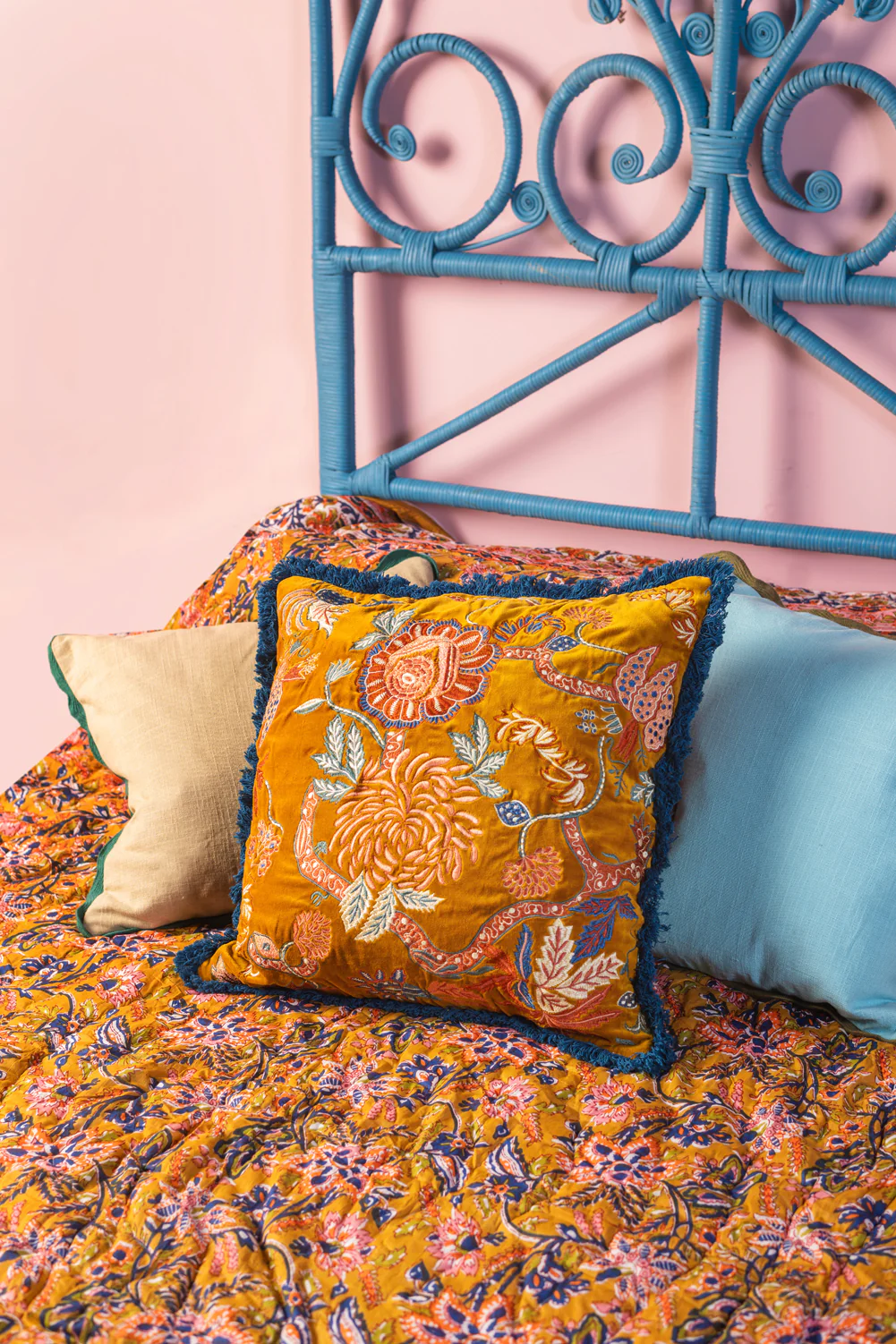 Gold Velvet Floral Embroidered Cushion Cover - Image 5
