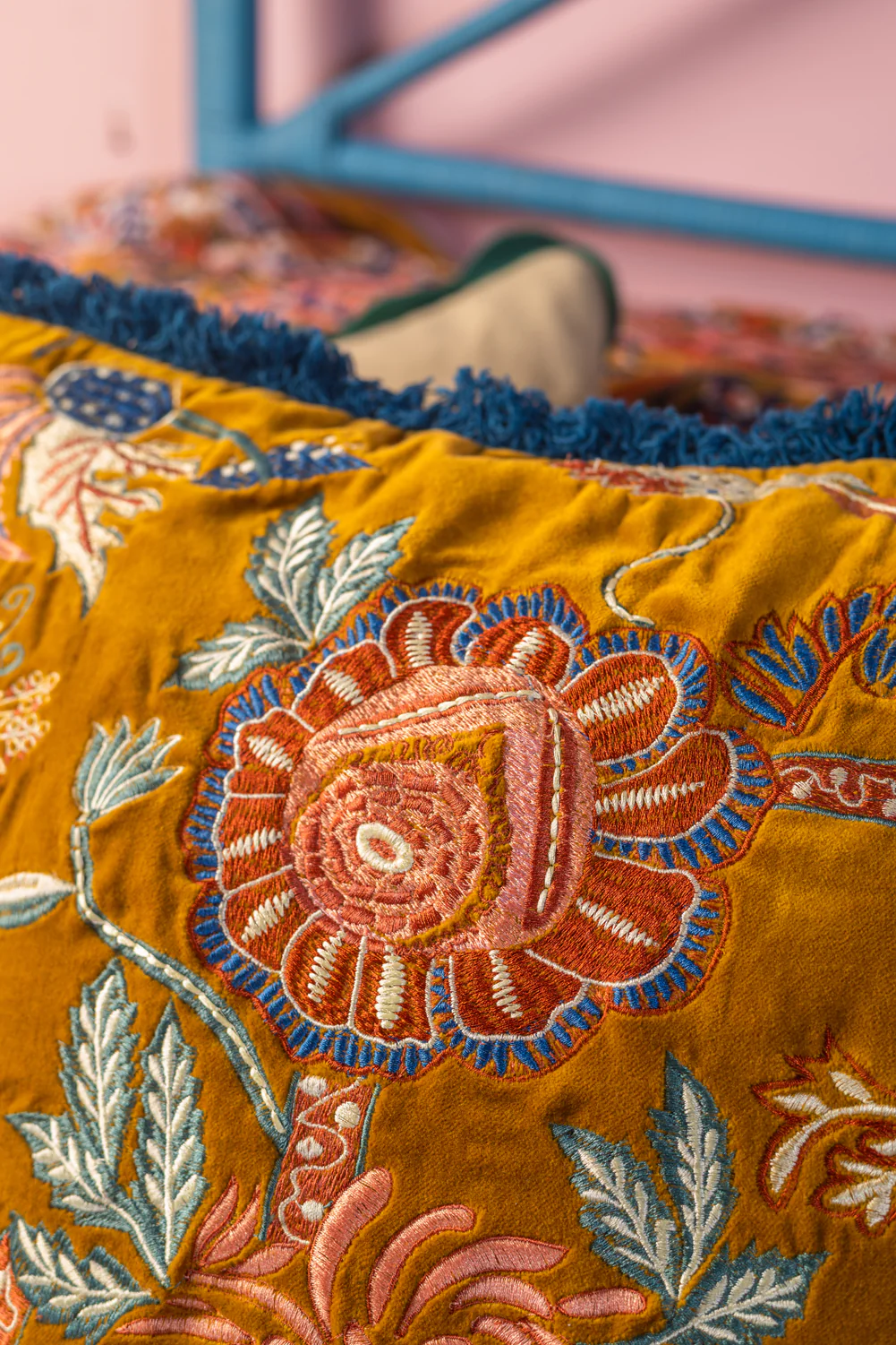 Gold Velvet Floral Embroidered Cushion Cover - Image 6