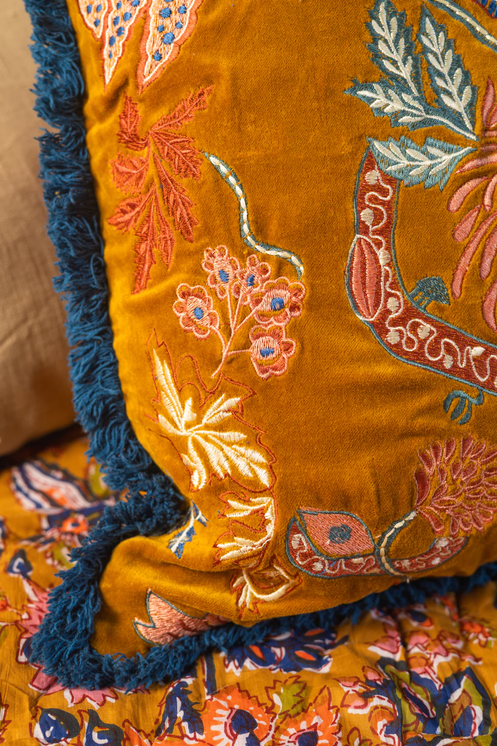 Gold Velvet Floral Embroidered Cushion Cover - Image 7