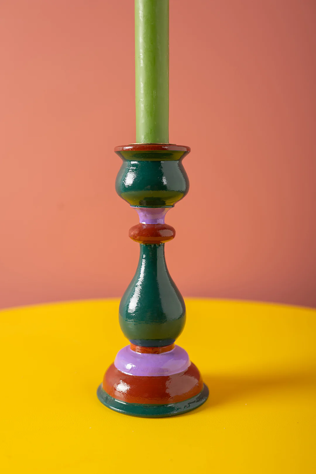 Green & Purple Hand Painted Wooden Candle Holder - Image 3