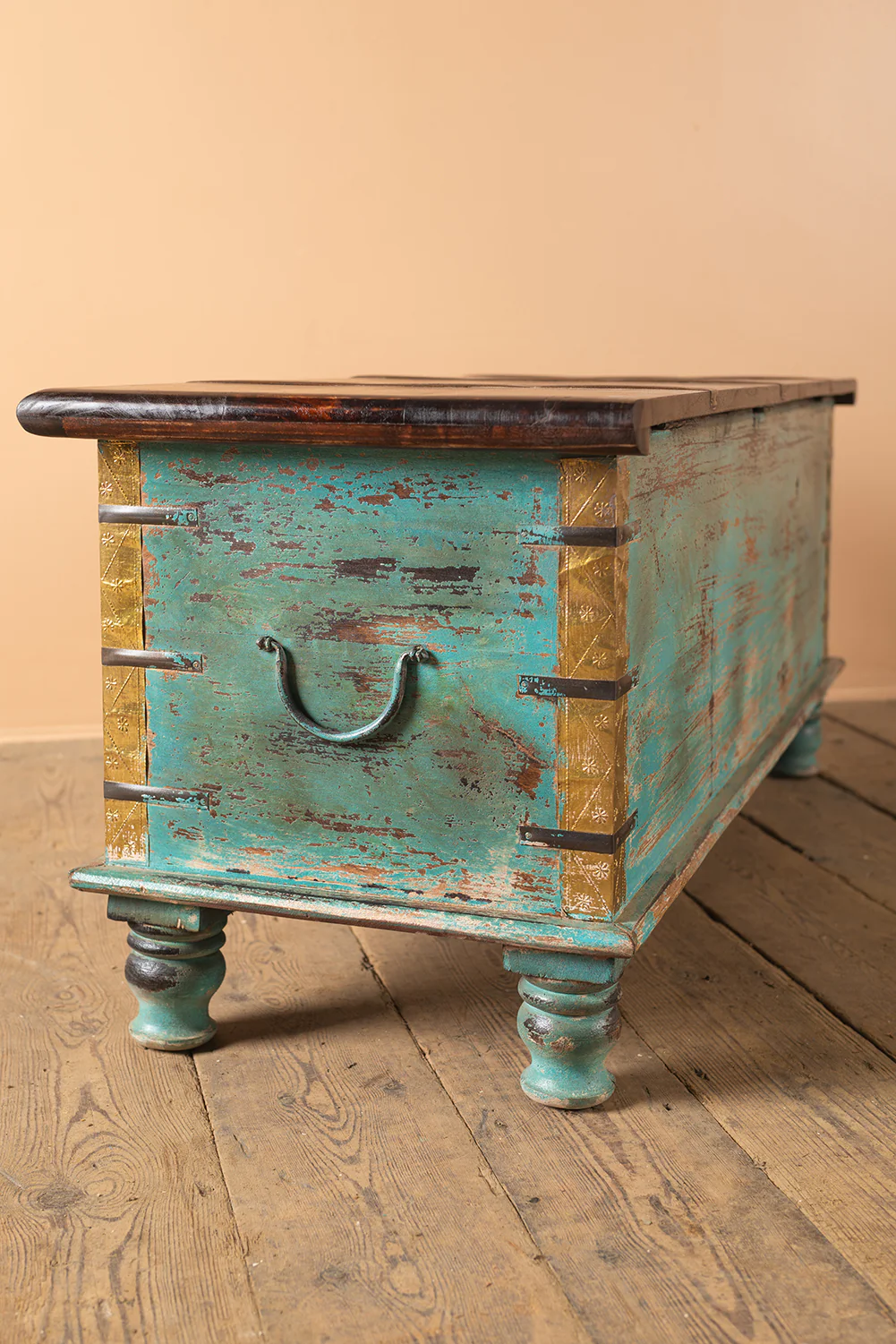 Blue Reclaimed Wooden Chest with Brass Trim - Image 3