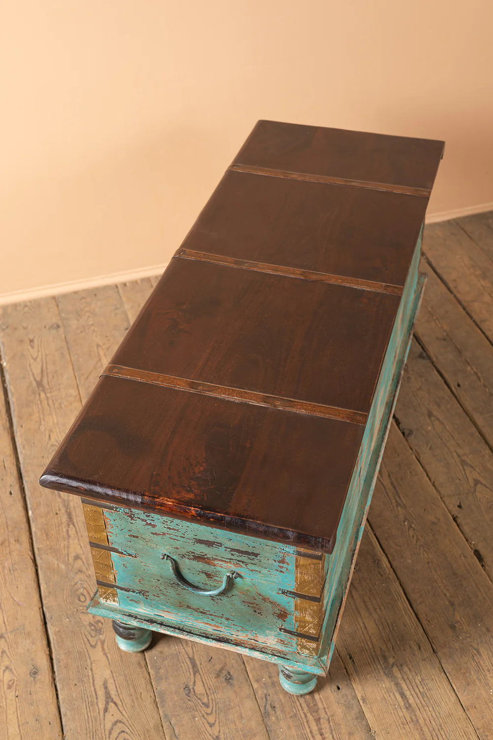 Blue Reclaimed Wooden Chest with Brass Trim - Image 4