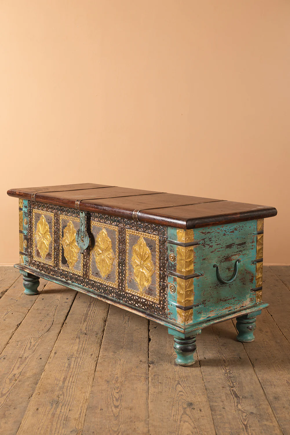 Blue Reclaimed Wooden Chest with Brass Trim - Image 5