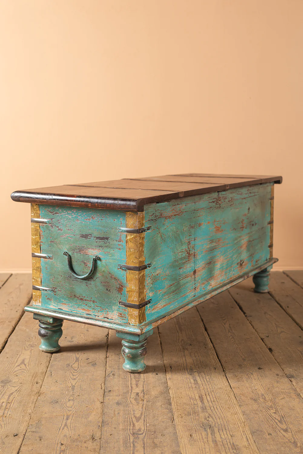 Blue Reclaimed Wooden Chest with Brass Trim - Image 7