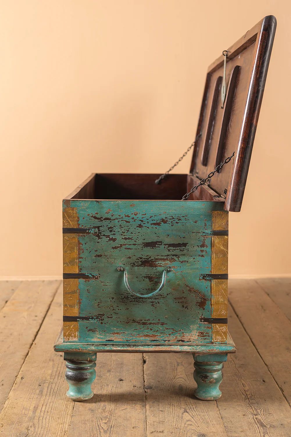 Blue Reclaimed Wooden Chest with Brass Trim - Image 8