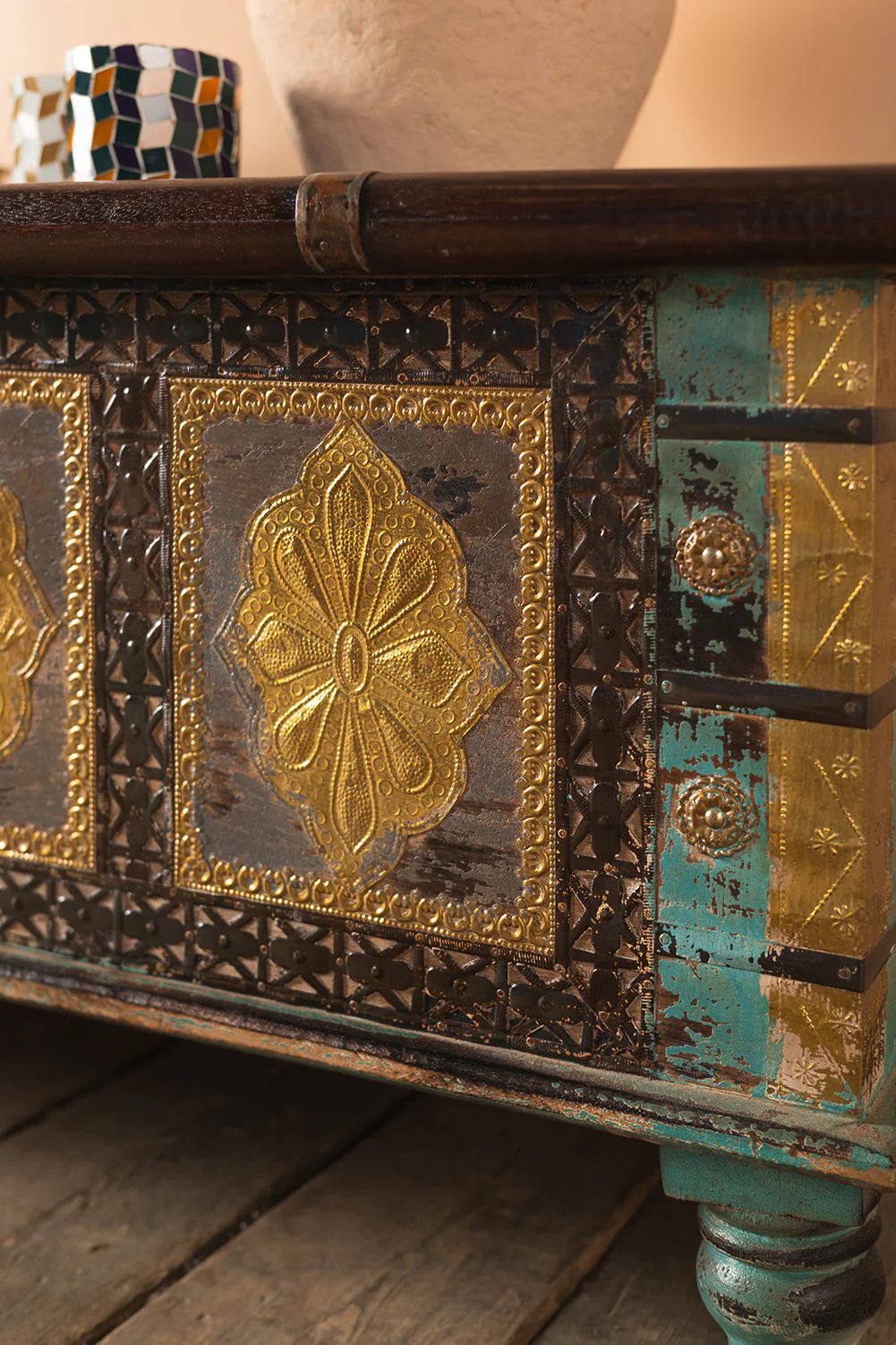 Blue Reclaimed Wooden Chest with Brass Trim - Image 9