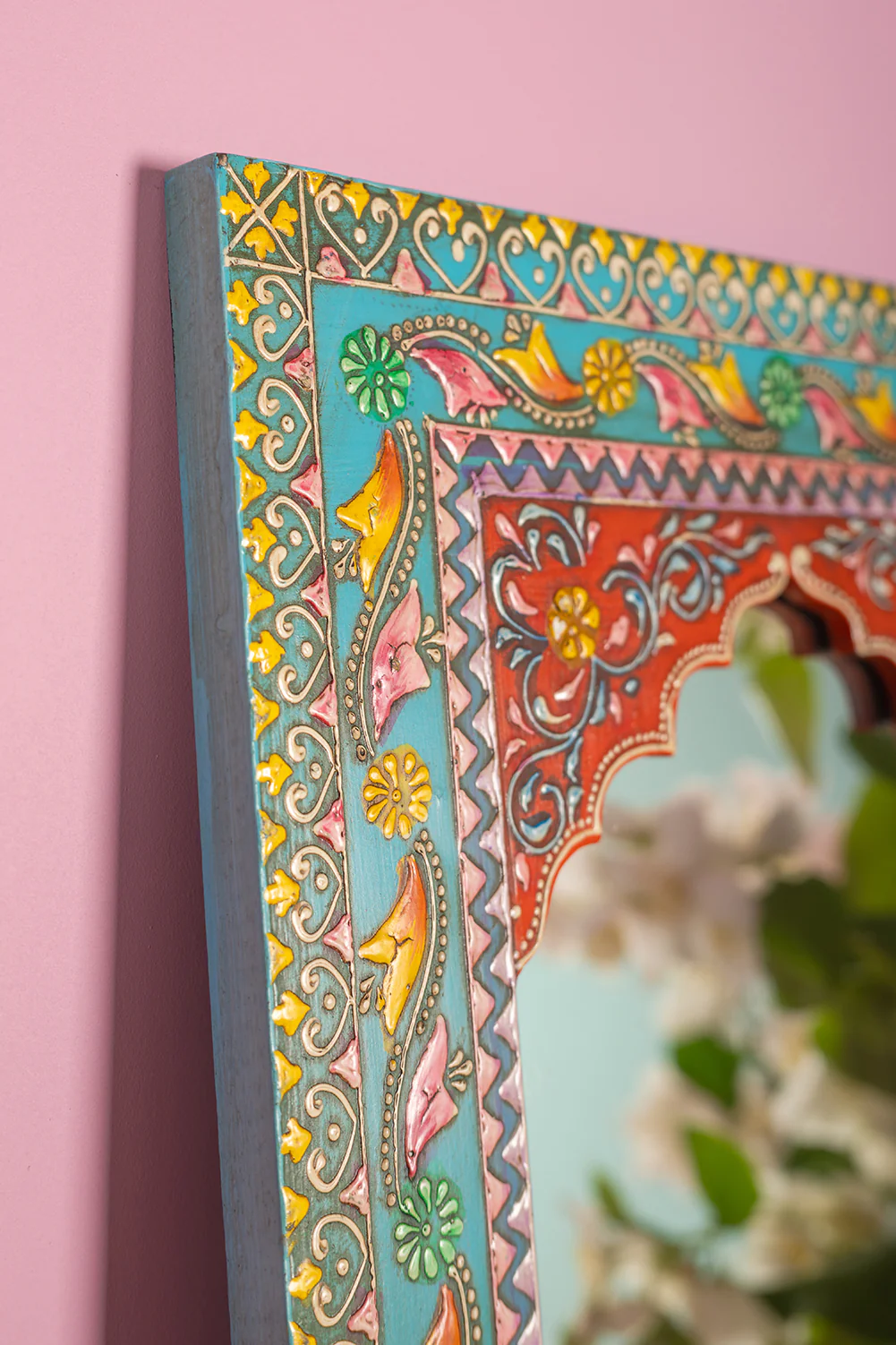 Highly Decorative Arched Wooden Mirror with Mehandi Work - Image 3