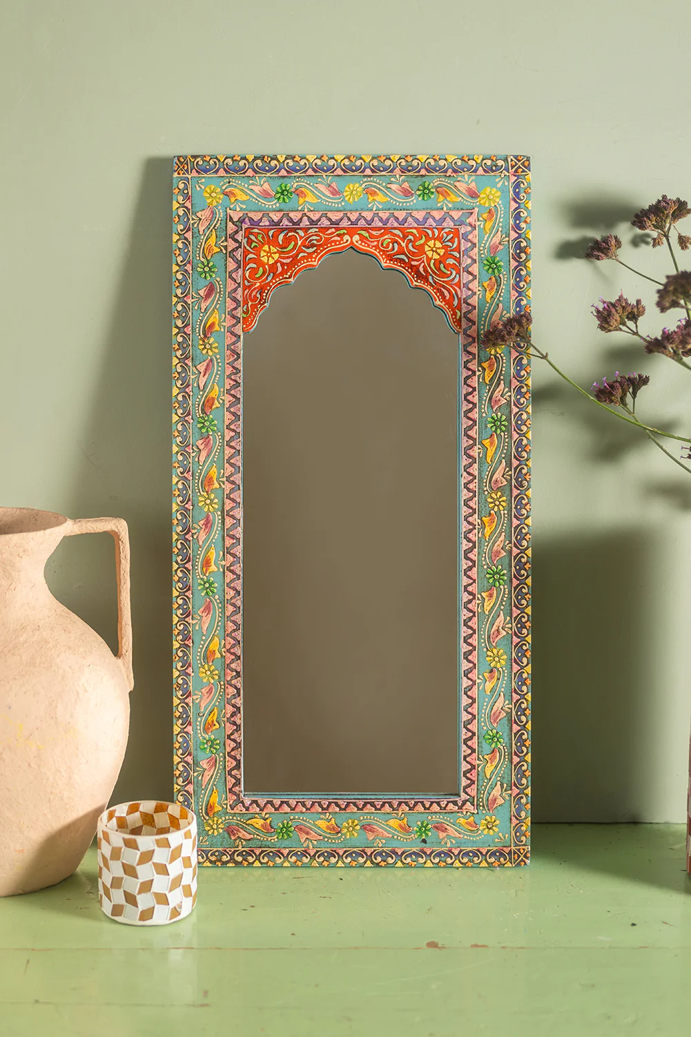 Highly Decorative Arched Wooden Mirror with Mehandi Work - Image 4