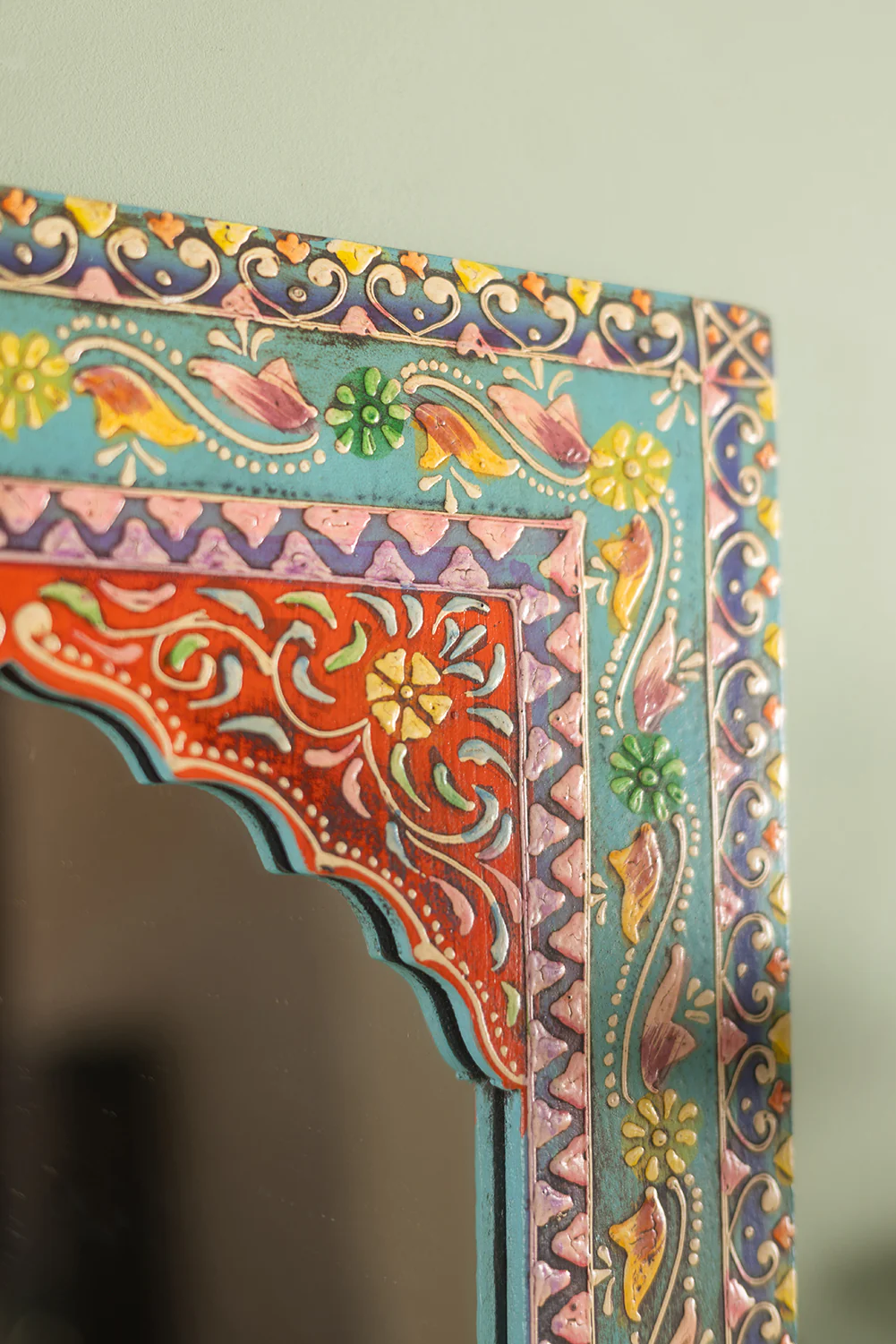 Highly Decorative Arched Wooden Mirror with Mehandi Work - Image 6