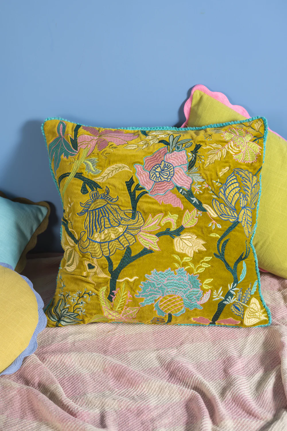 Chartreuse Green Velvet Floral Embroidered Cushion Cover - Image 3