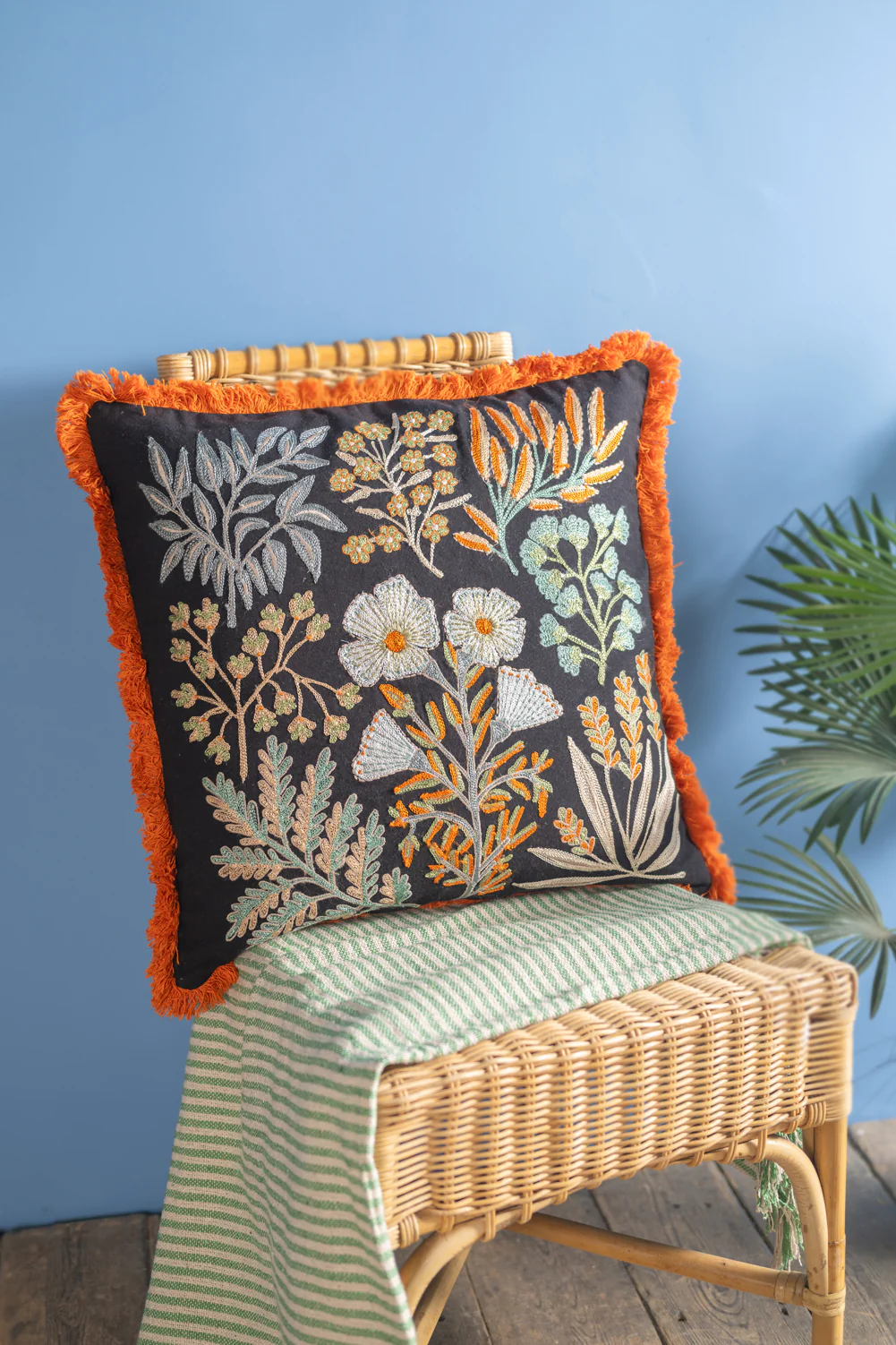 Jet Black Botanical Embroidered Cushion Cover - Image 3
