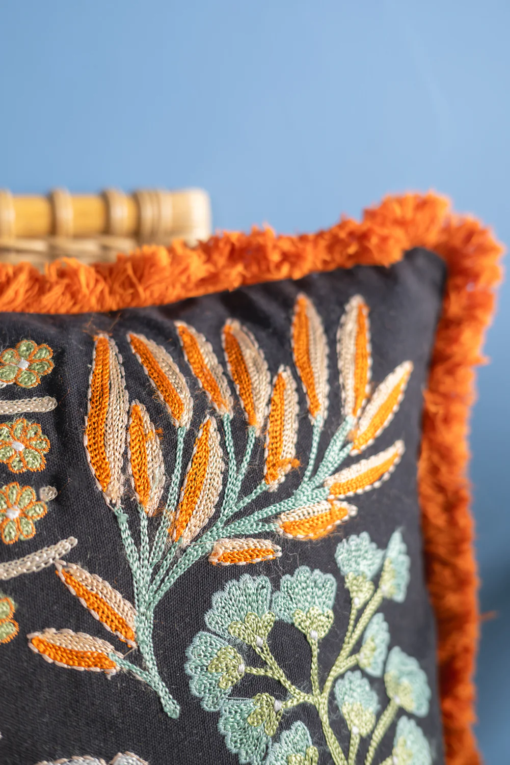 Jet Black Botanical Embroidered Cushion Cover - Image 4