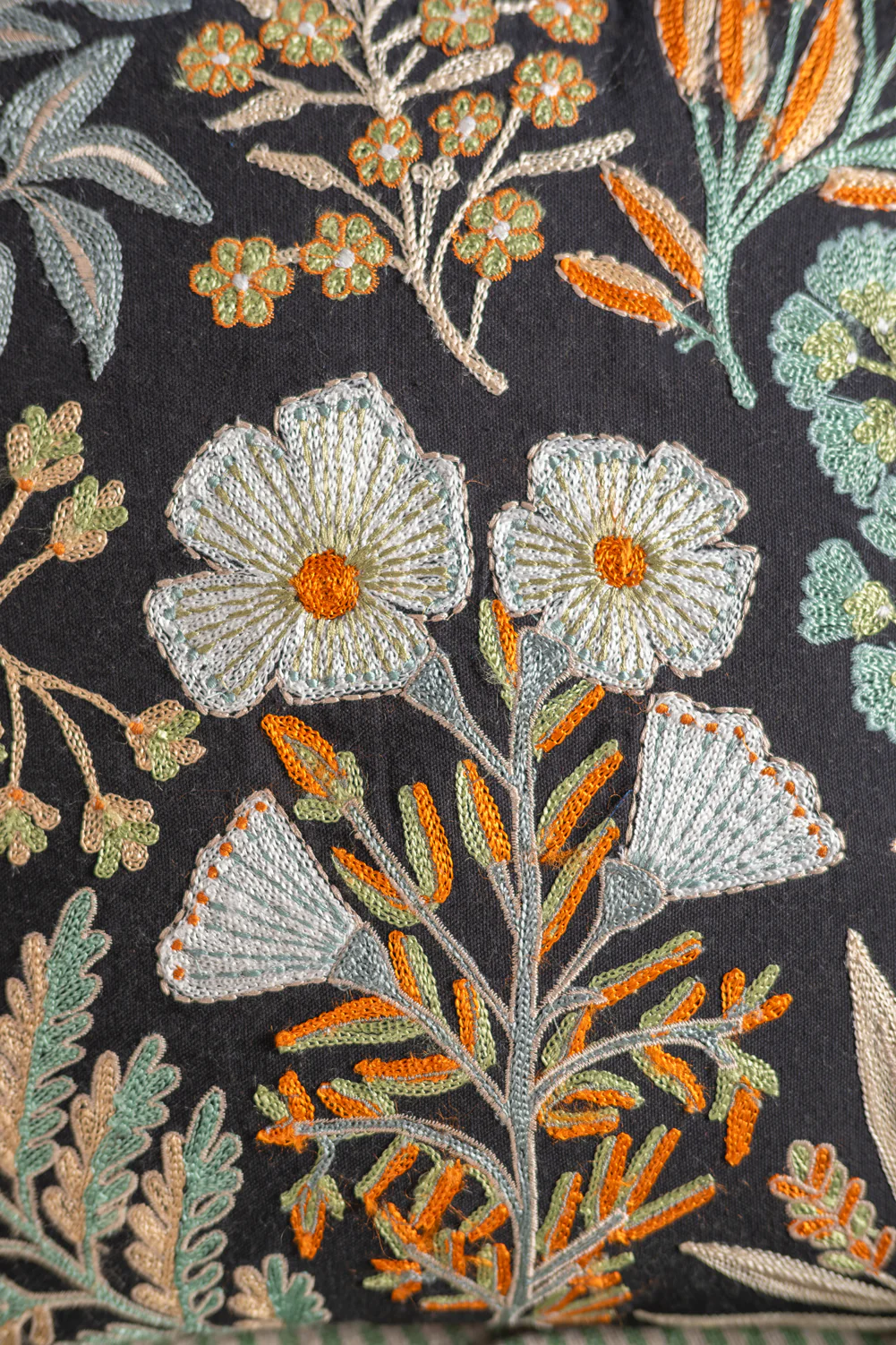 Jet Black Botanical Embroidered Cushion Cover - Image 5