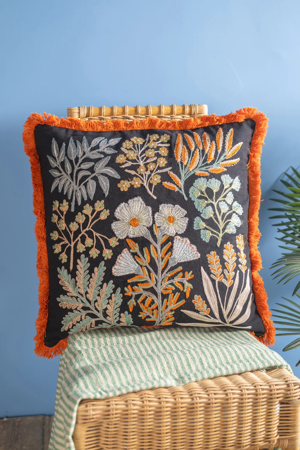 Jet Black Botanical Embroidered Cushion Cover - Image 7