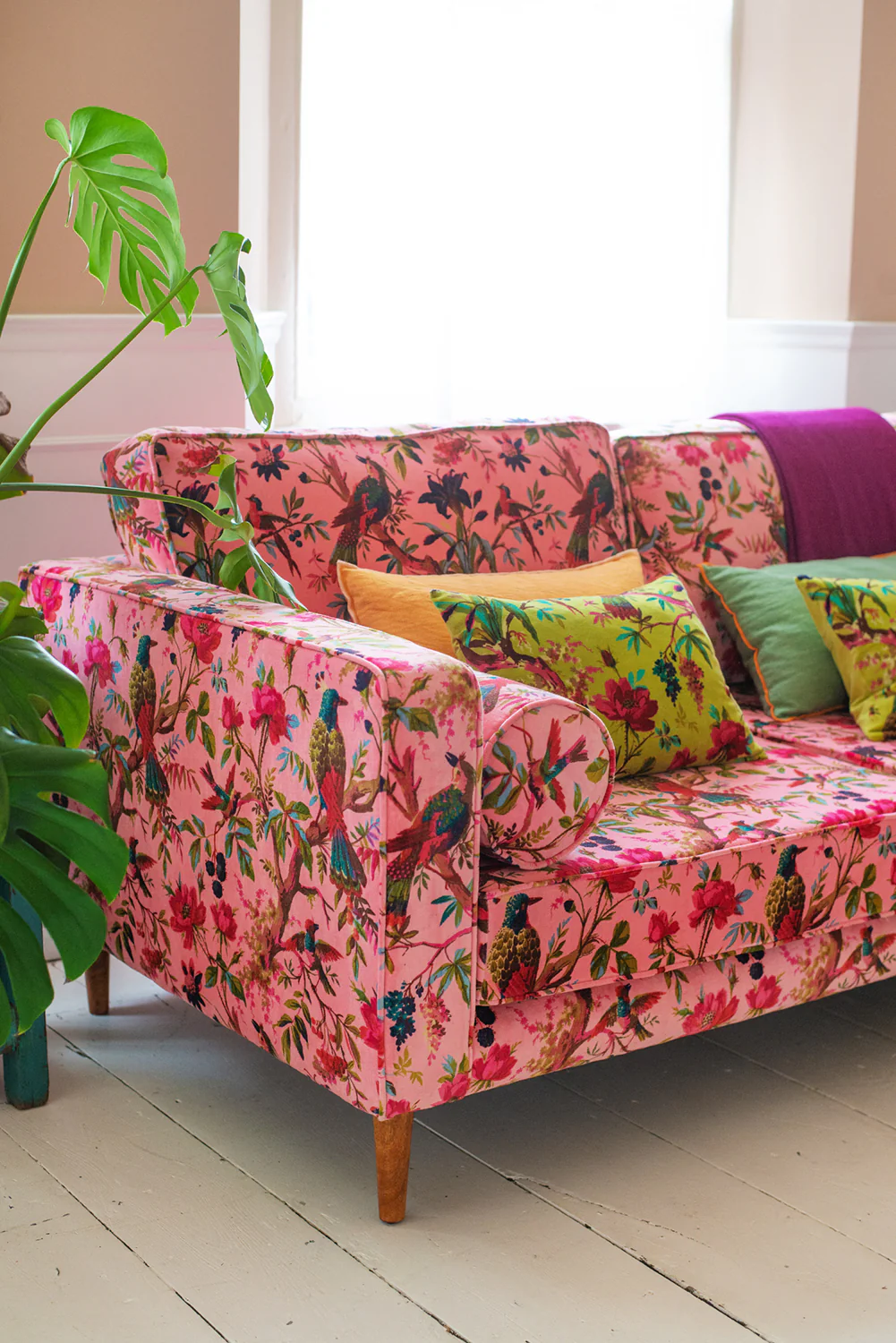 Milla Pink Bird of Paradise Velvet Sofa - Image 8