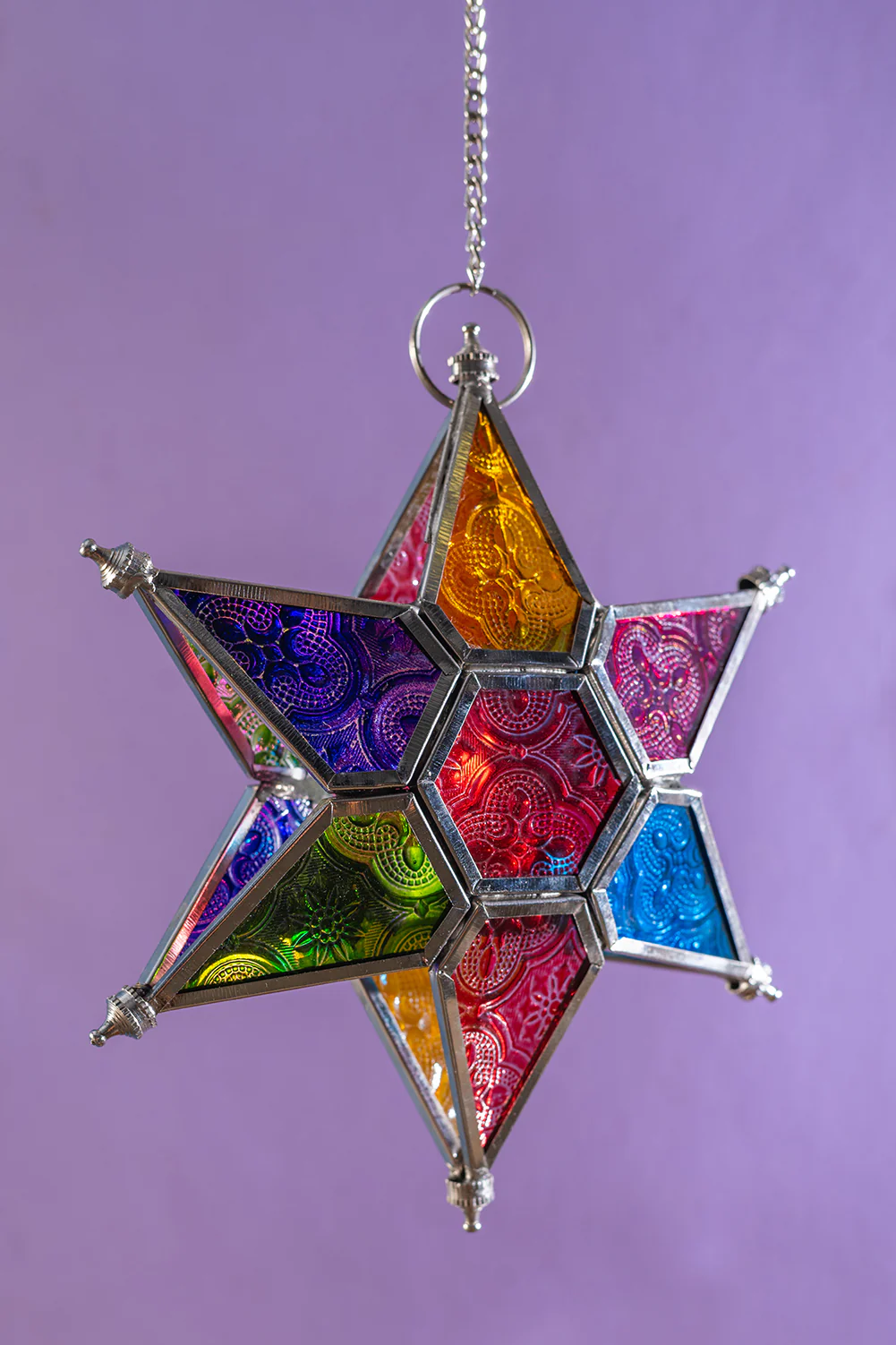 Multi Coloured Iron & Glass Hanging Star Lantern - Image 4