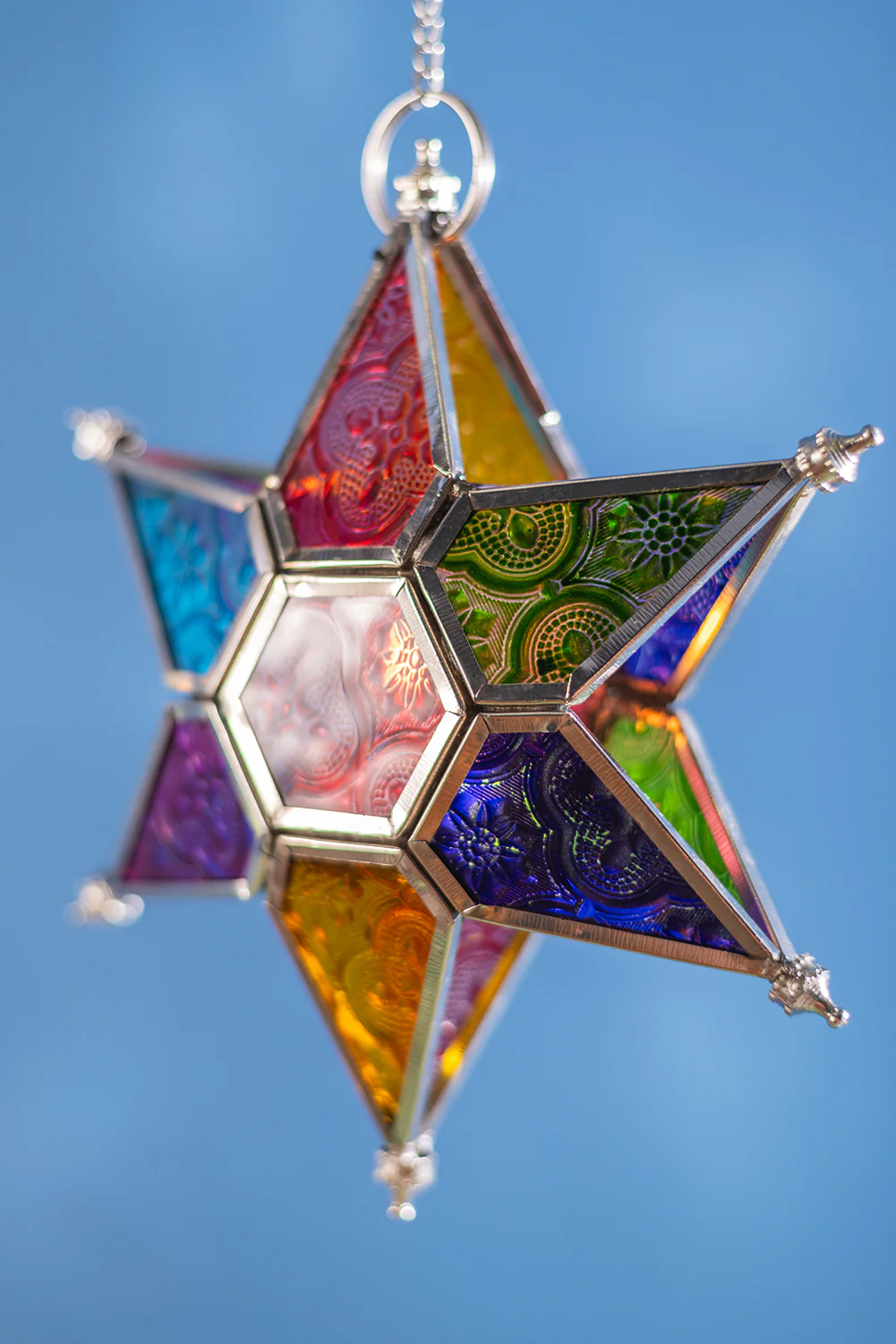 Multi Coloured Iron & Glass Hanging Star Lantern - Image 6