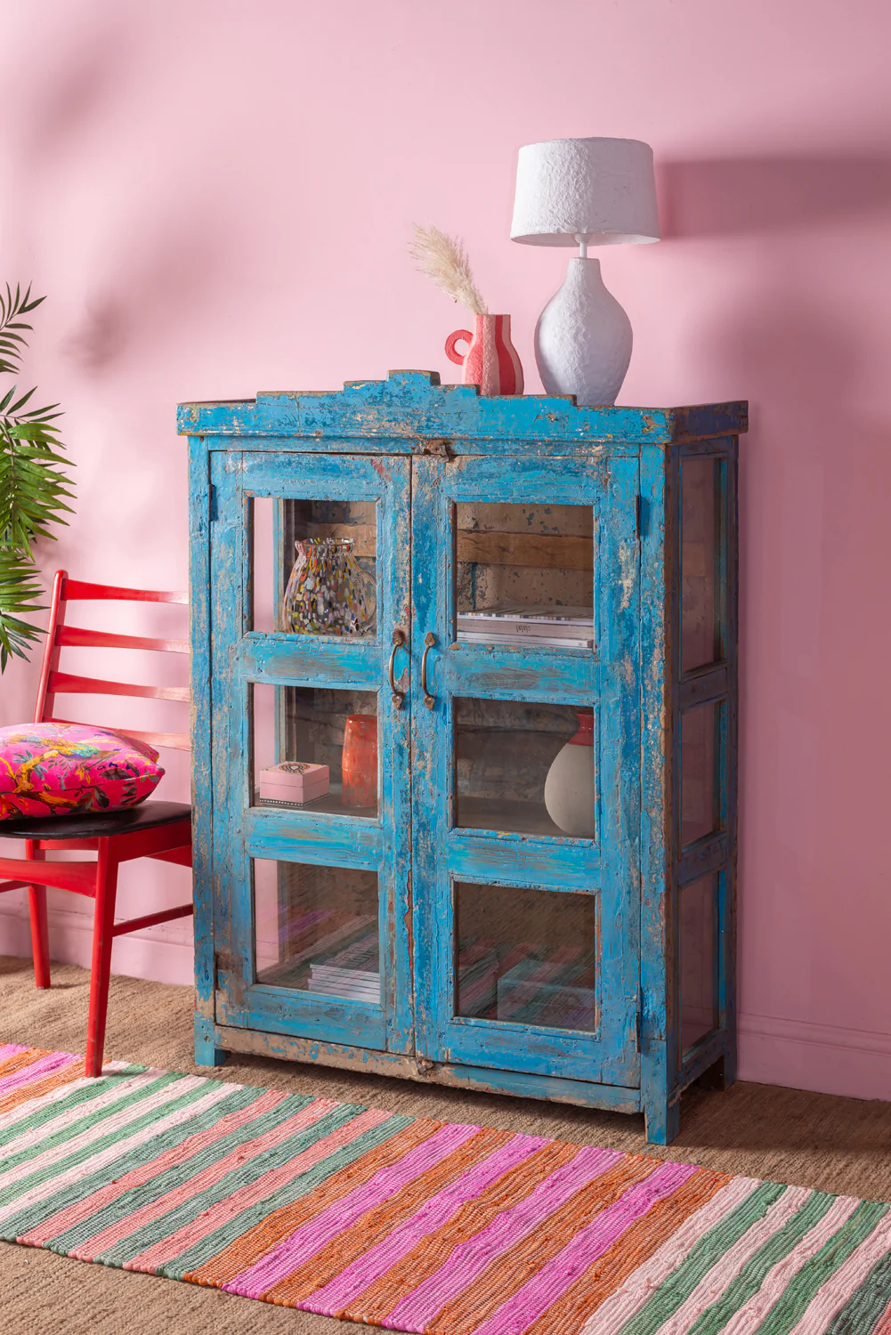 Blue Vintage Glazed Cabinet <p>W:98cm D:41.5cm H:131.5cm </p> - Image 6