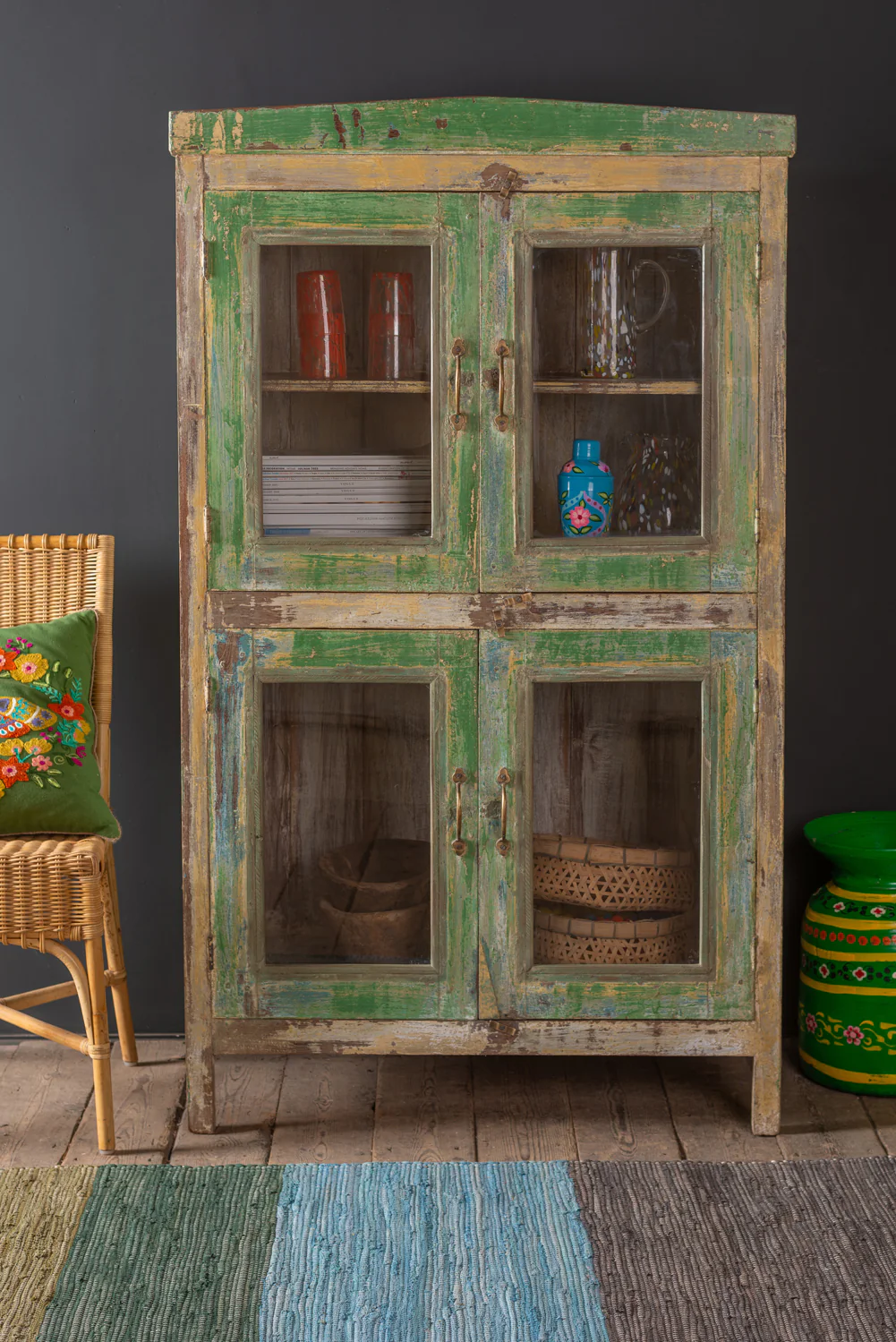 Green Vintage Glazed Cabinet <p>W:93.5cm D:48.5cm H:160cm </p> - Image 4
