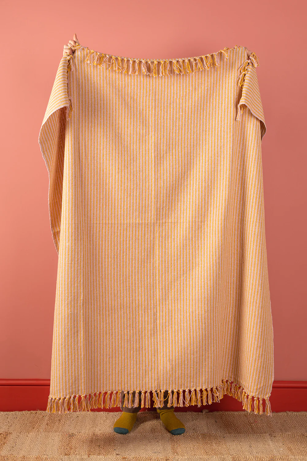 Pale Pink & Mustard Recycled Cotton Striped Throw - Image 3
