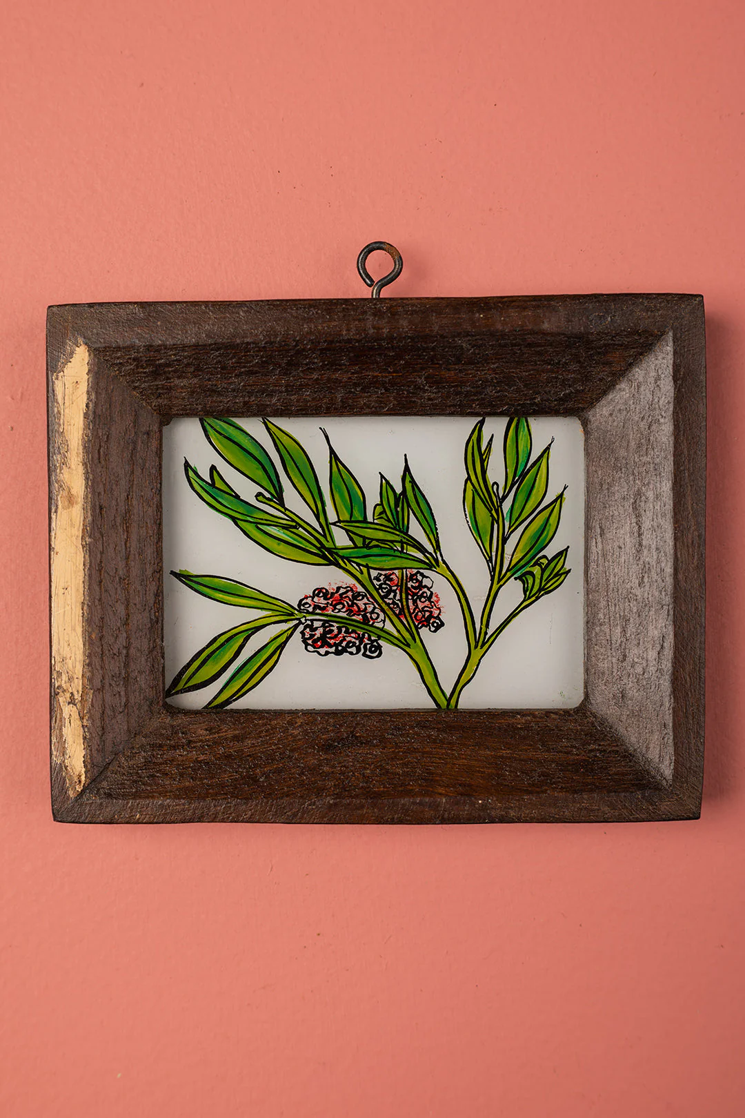 Tiny Old Wood Frame with Botanical/Wildlife Painting - 471 - Image 2