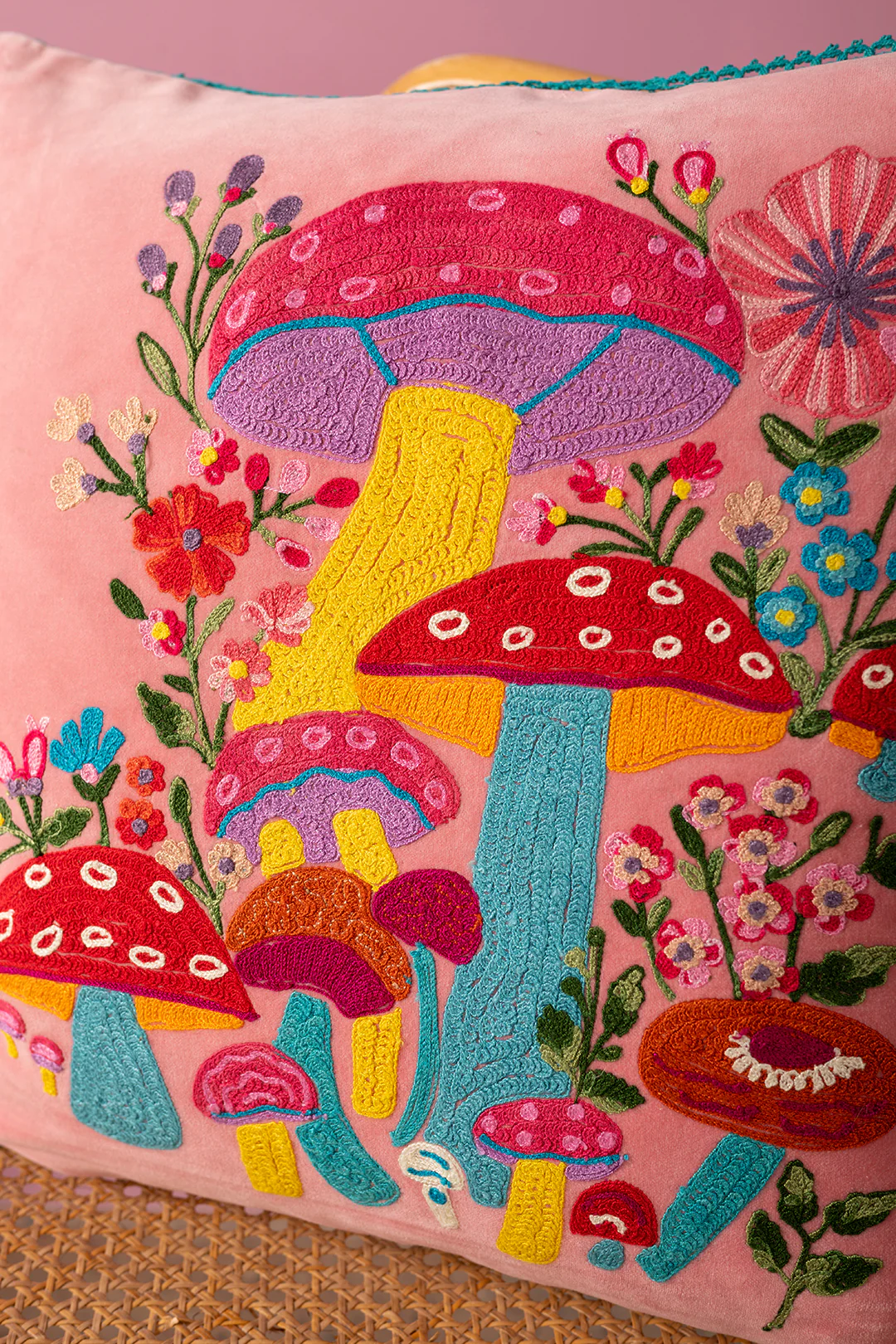Pink Embroidered Toadstools Cushion Cover - Image 3
