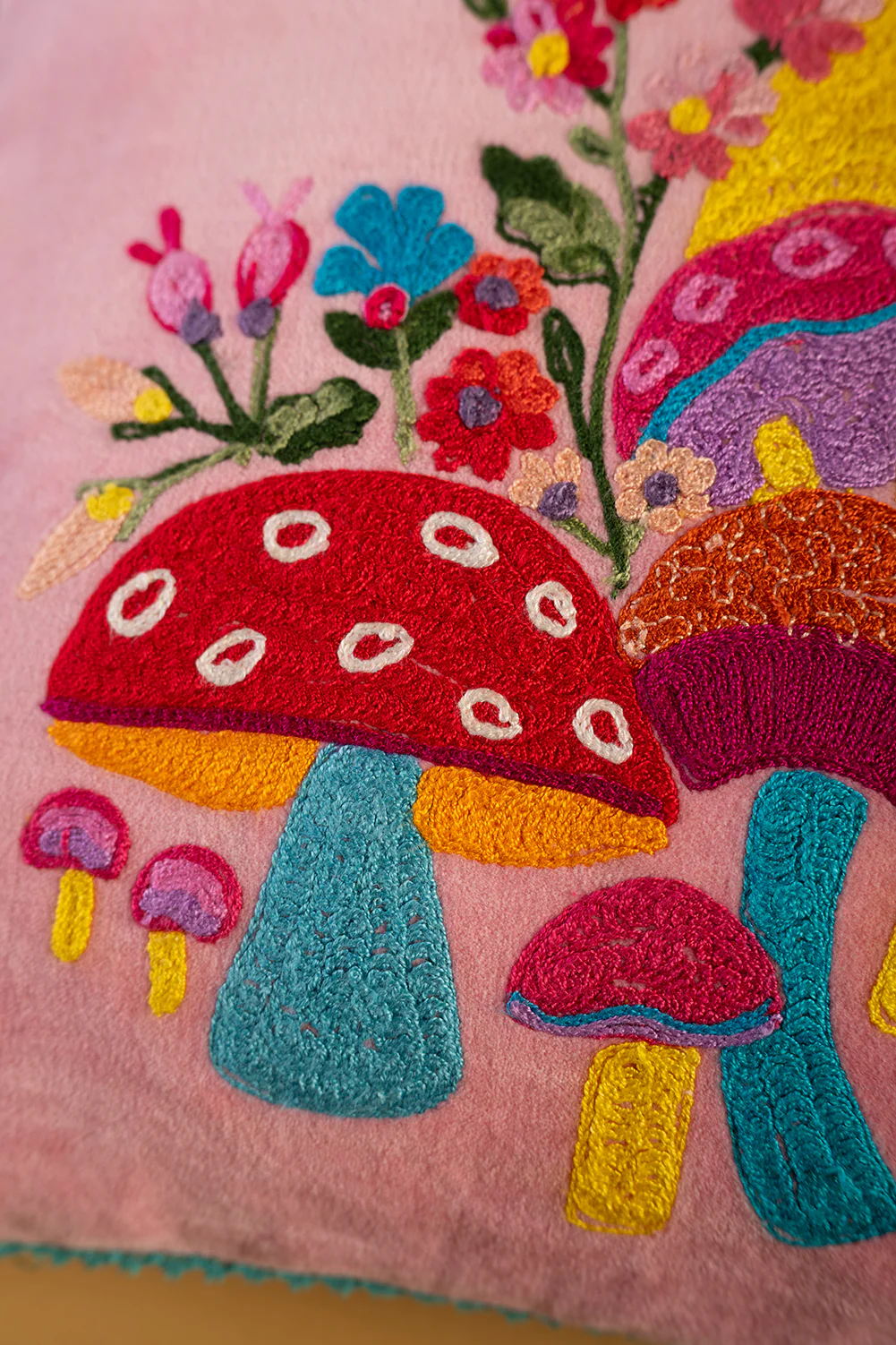 Pink Embroidered Toadstools Cushion Cover - Image 4