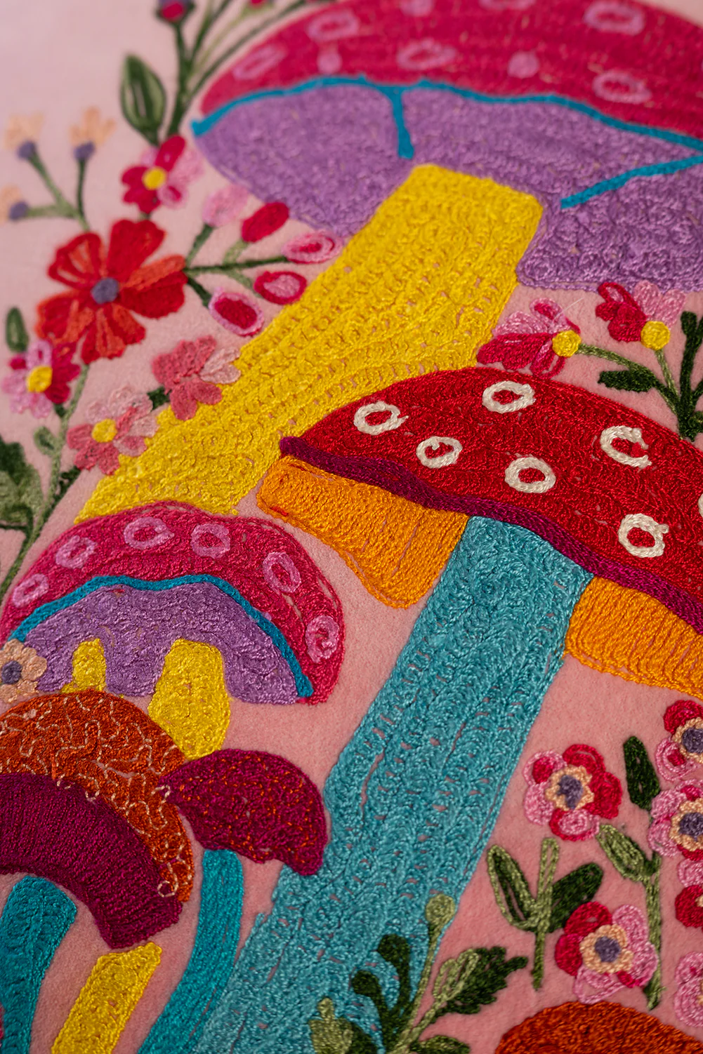 Pink Embroidered Toadstools Cushion Cover - Image 5