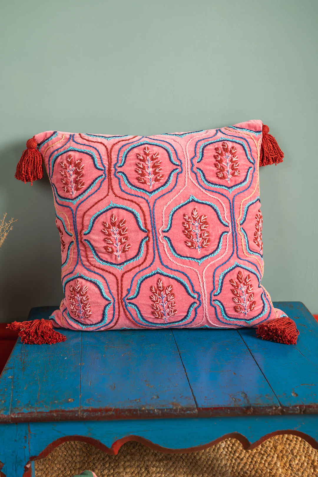 Pink Velvet Leaf Embroidered Cushion Cover - Image 3