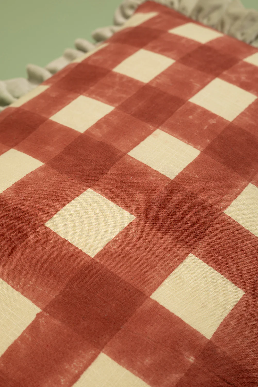 Red Gingham Block Print Cotton & Velvet Cushion Cover - Image 3