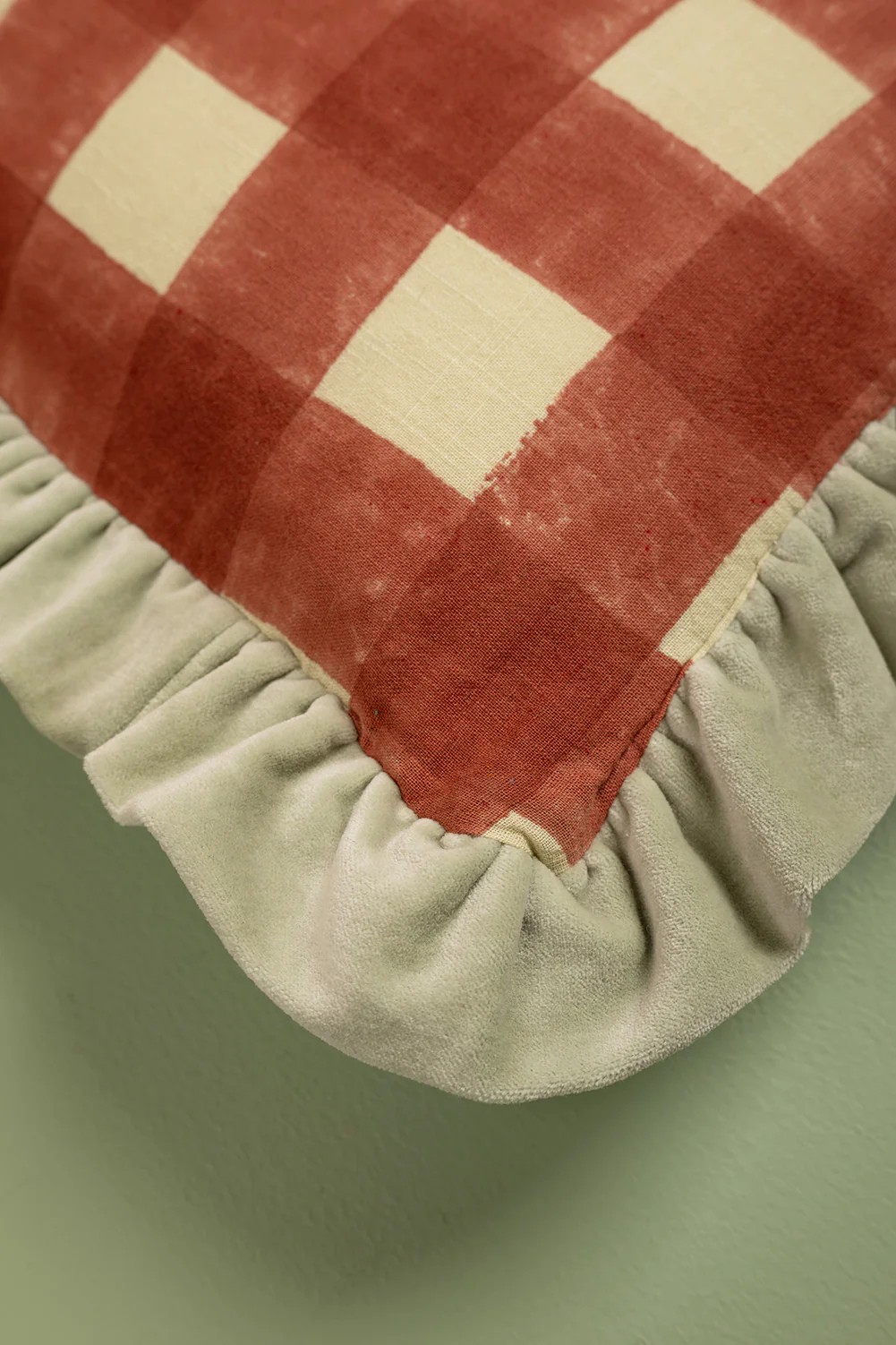 Red Gingham Block Print Cotton & Velvet Cushion Cover - Image 4