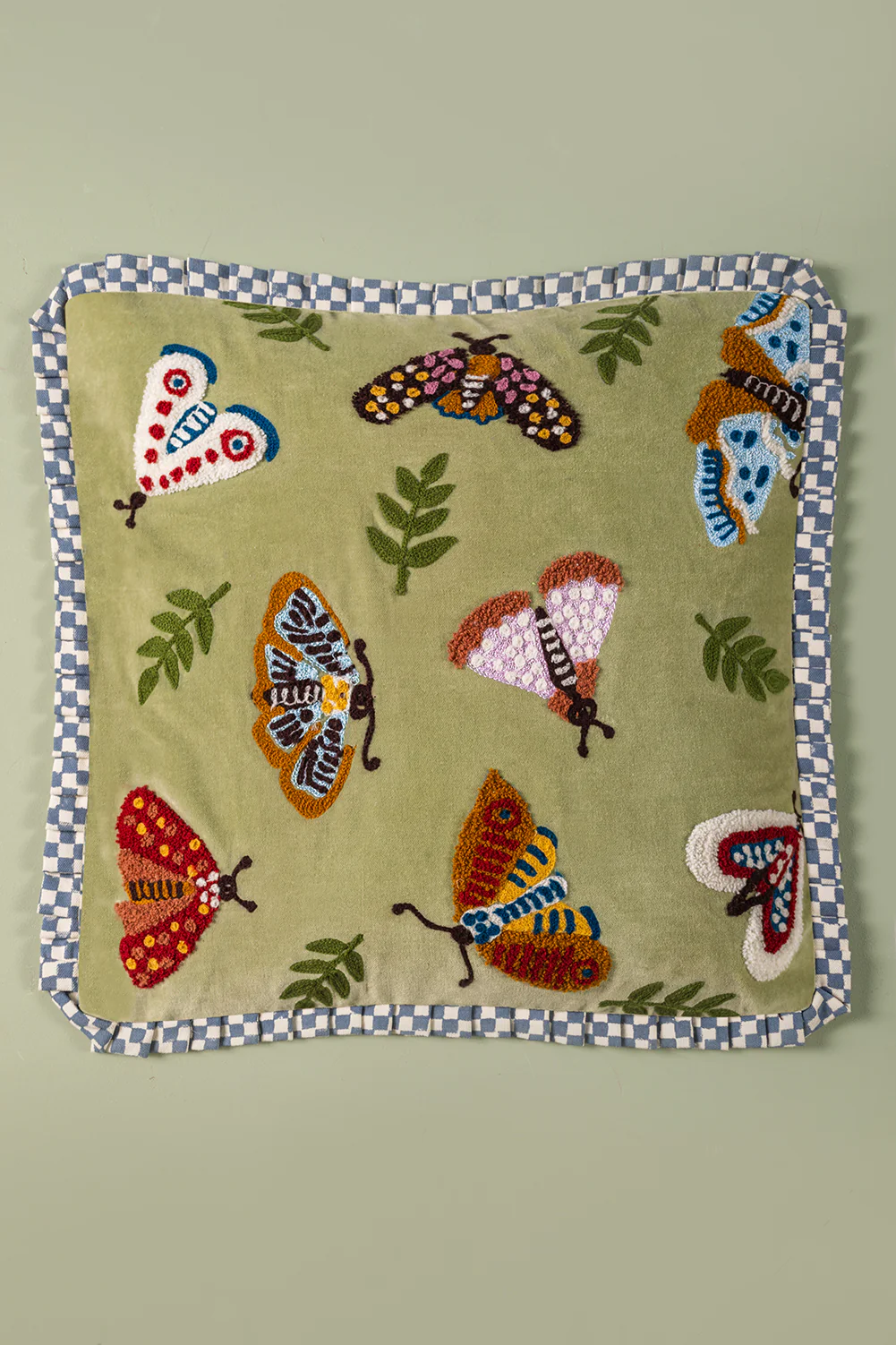 Sage Embroidered Moths Velvet Cushion Cover - Image 3