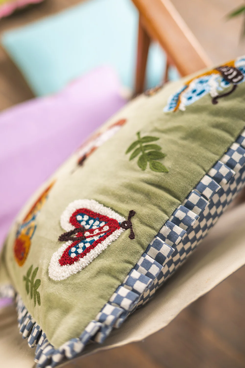 Sage Embroidered Moths Velvet Cushion Cover - Image 5