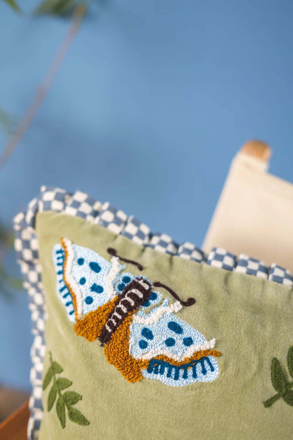 Sage Embroidered Moths Velvet Cushion Cover - Image 6