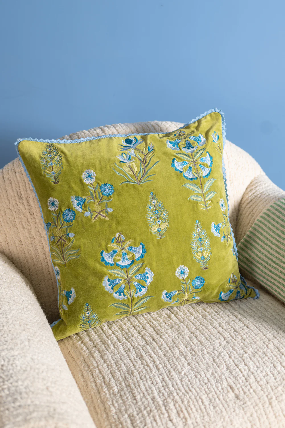 Sage Green Velvet Botanical Embroidered Cushion Cover - Image 3